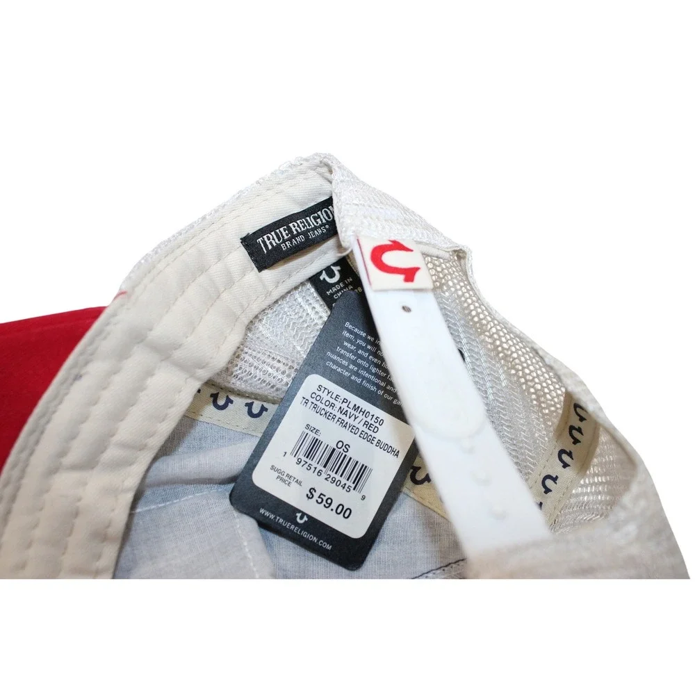NWT True Religion Trucker Hat Mens OS‎ Navy Red White Frayed Buddha